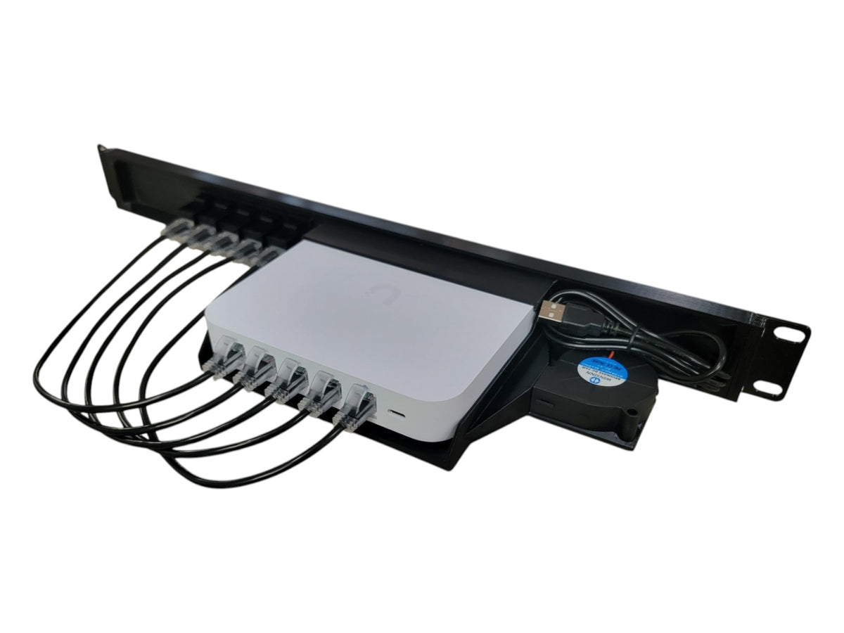 19-inch Network Rack Mount for Ubiquiti UCG-Ultra and UXG-Max Gateways, 1U, Keystones and Cables Included, Cooling Fan